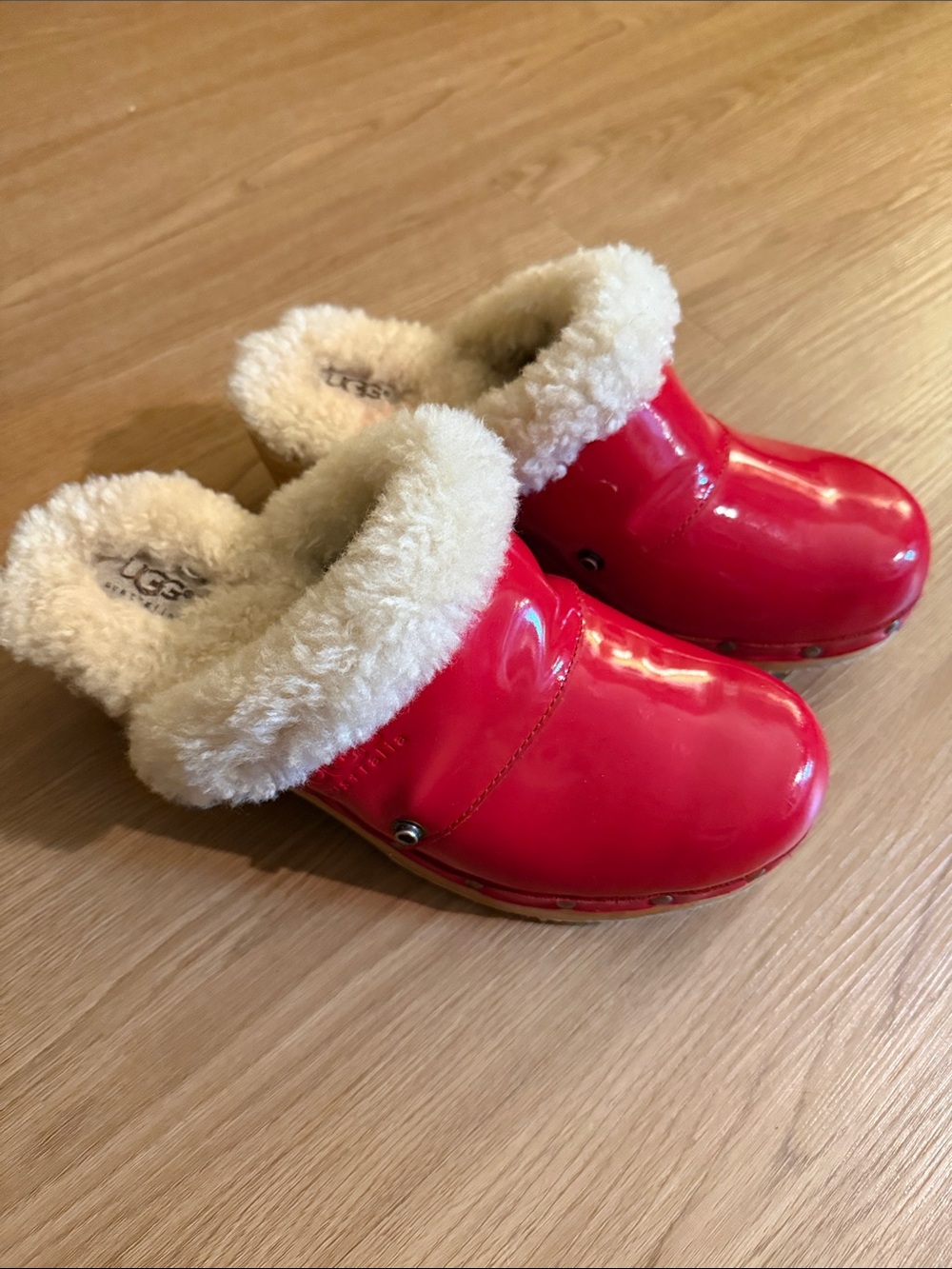 UGG Red Patent Leather Shearling Clogs